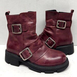MIZ MOOZ LEATHER BOOTS BUCKLE SIDE ZIPPER WINE 37EU / 7US NEW # Z-224